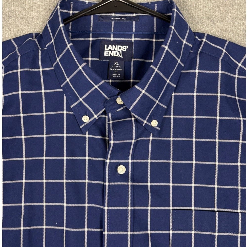 Lands' End Traditional Fit No Iron Twill Button Down Shirt XL Blue Windowpane